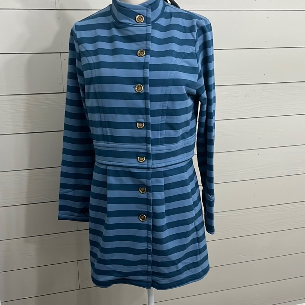 NWT Matilda Jane Fall Breeze Horizontal Striped Blue Peplum Midi Length Jacket